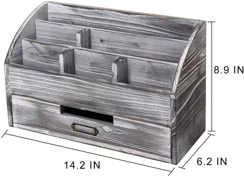 VERGOODR Rustic Wooden Office Desk Organizer 5 Compartment with 2 Drawer &Counter Home Tabletop Desktop Jewelry Mail Rack Storage Box for Pens Notebooks Folders Pencils (Grey white) - Image 2